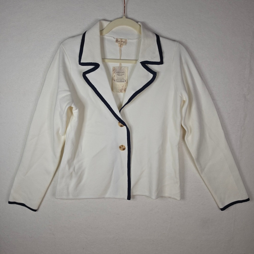 Hem & Thread Piped Knit Cardigan M White Navy Contrast Trim Blazer Sweater